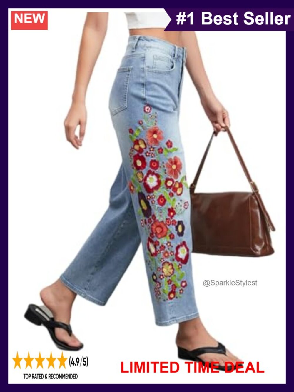 EZAPINE Cropped Straight Leg Mid Rise Floral Boho Jeans Ankle Denim Pants